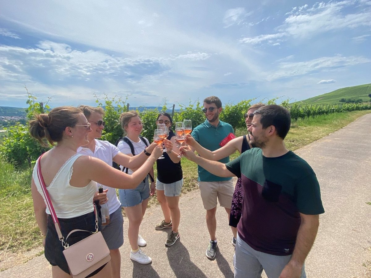 Gruppe bei der Weinprobe in den Rieslinglagen des Rheingaus